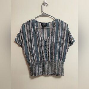 ANGIE - Women’s Woven‎ Smocked Waist V-Neck Button Up Crop Top - Size M